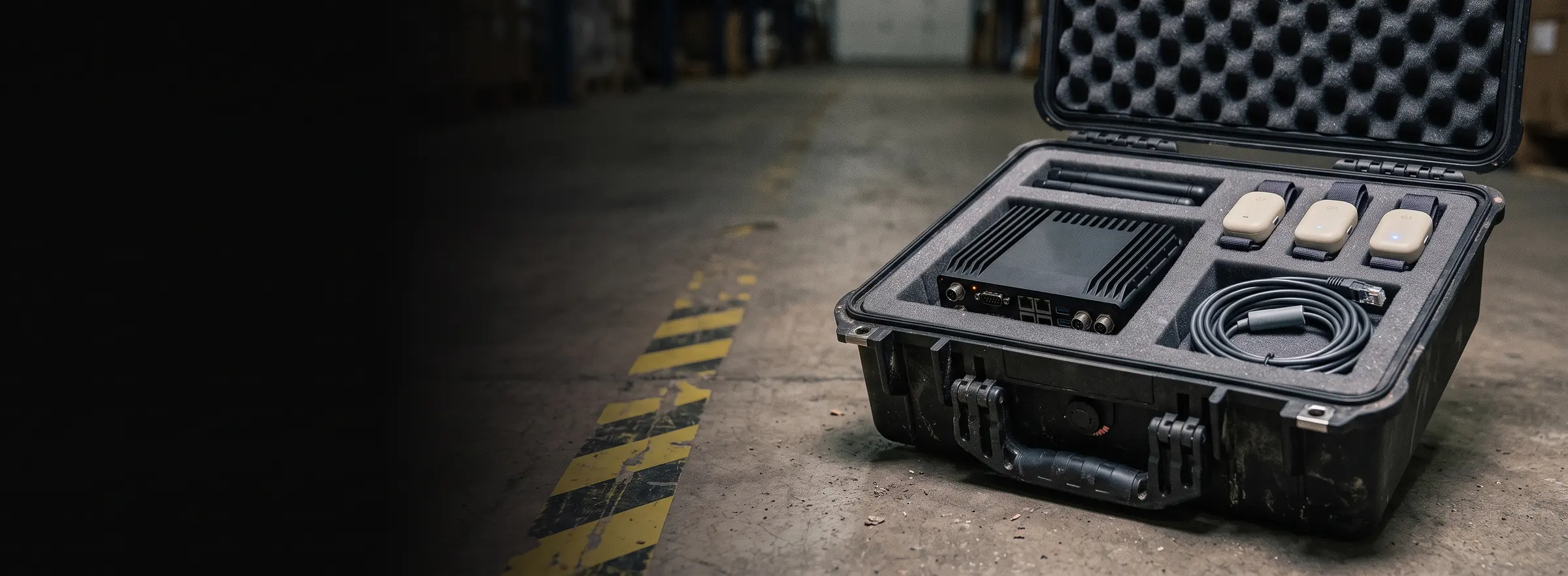 Rugged field deployment case holding the MetaCrust edge gateway, antennas and three wearable sensors